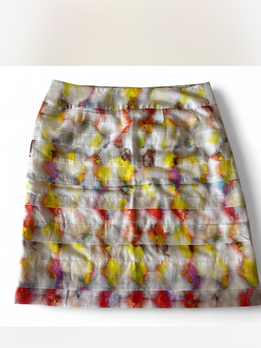 Ann Taylor Silk Cotton Blend Watercolor Print Pleated Lined Mini Skirt Size 0